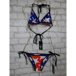 $156 Wildfox Blue Red Stars Top S & Bottom XS Reversible Bikini Set NEW